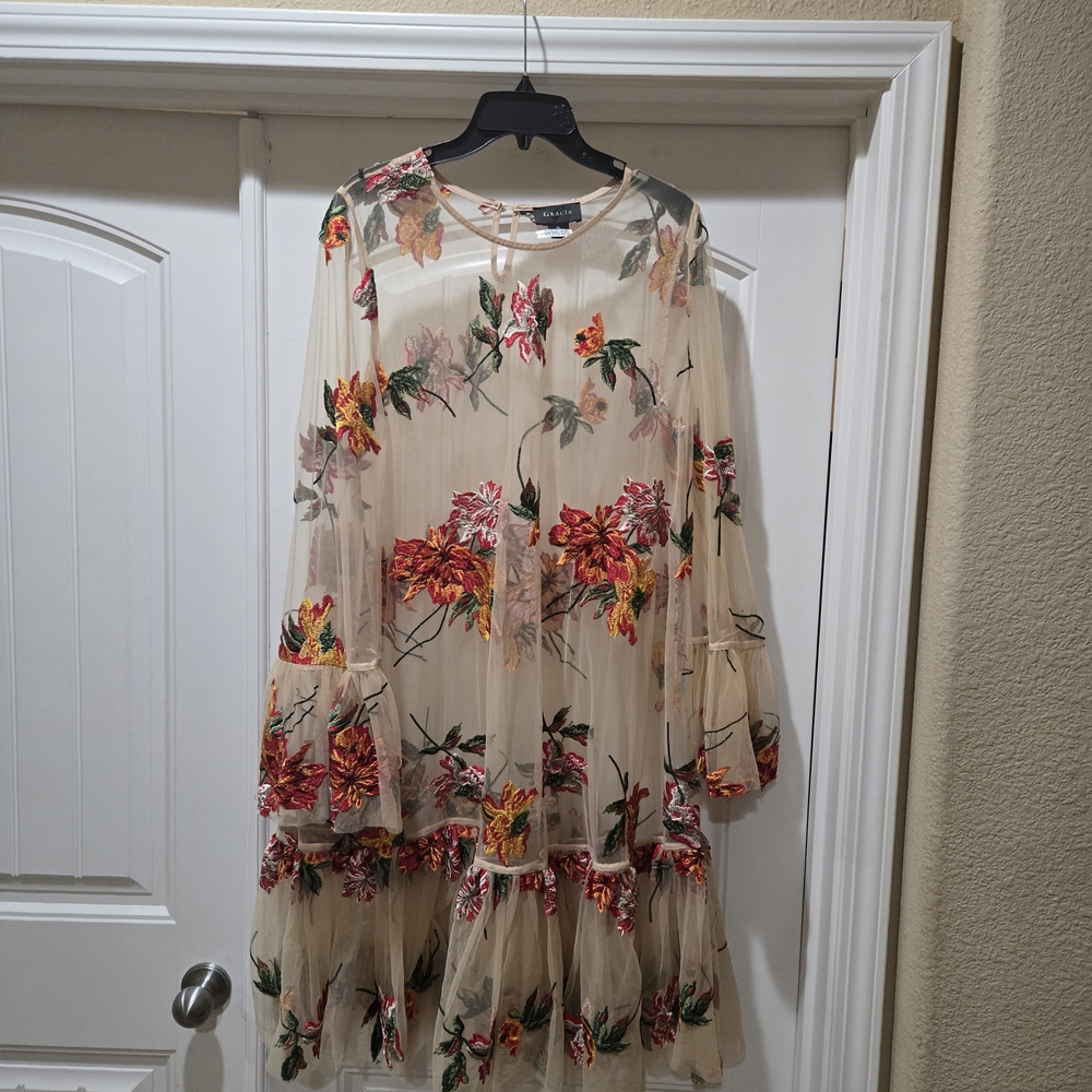 Gracia Women's Beige and Red Floral Dress with Slip Size XL EUC